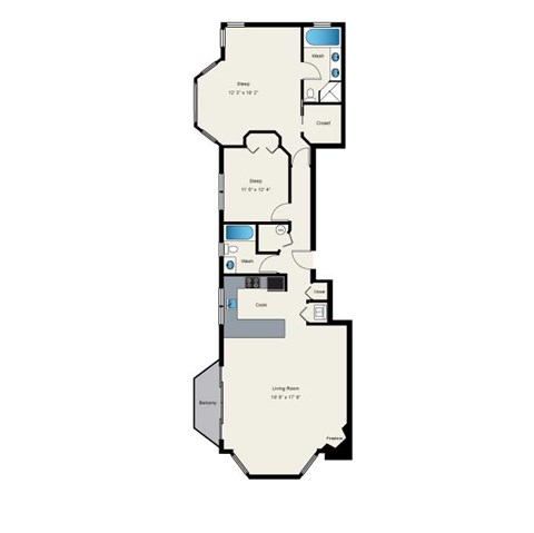 A floor plan of an apartment with a living room, two bedrooms, a bathroom, and a kitchen.